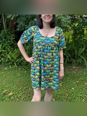 Blue and green tones Daisy print babydoll dress